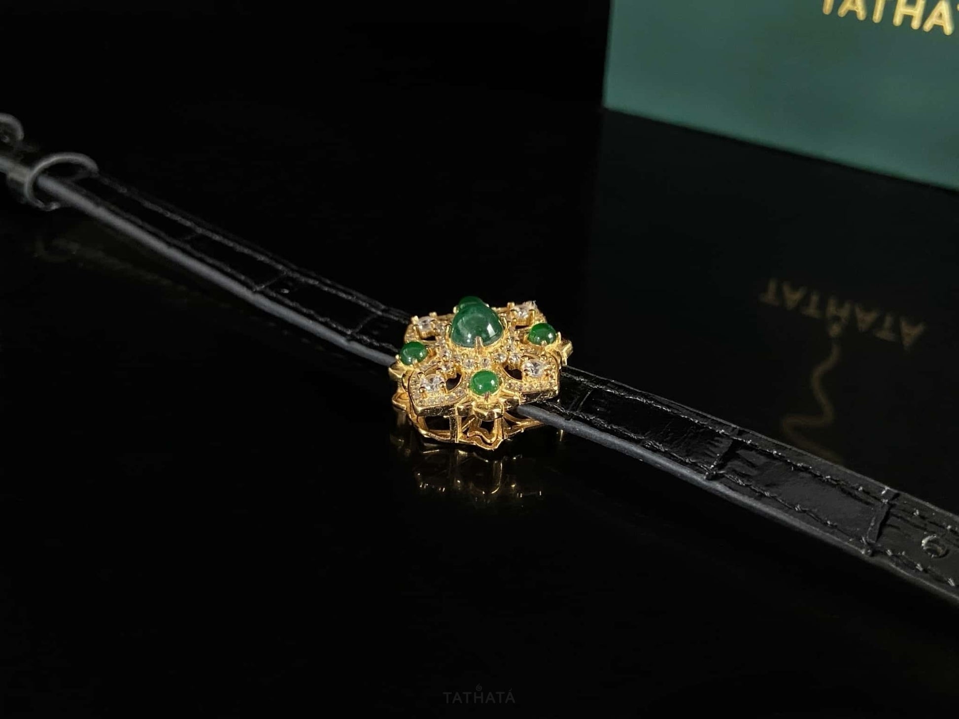 Gold Inlaid Green Vintage Floral · Nature Jadeite Bracelet