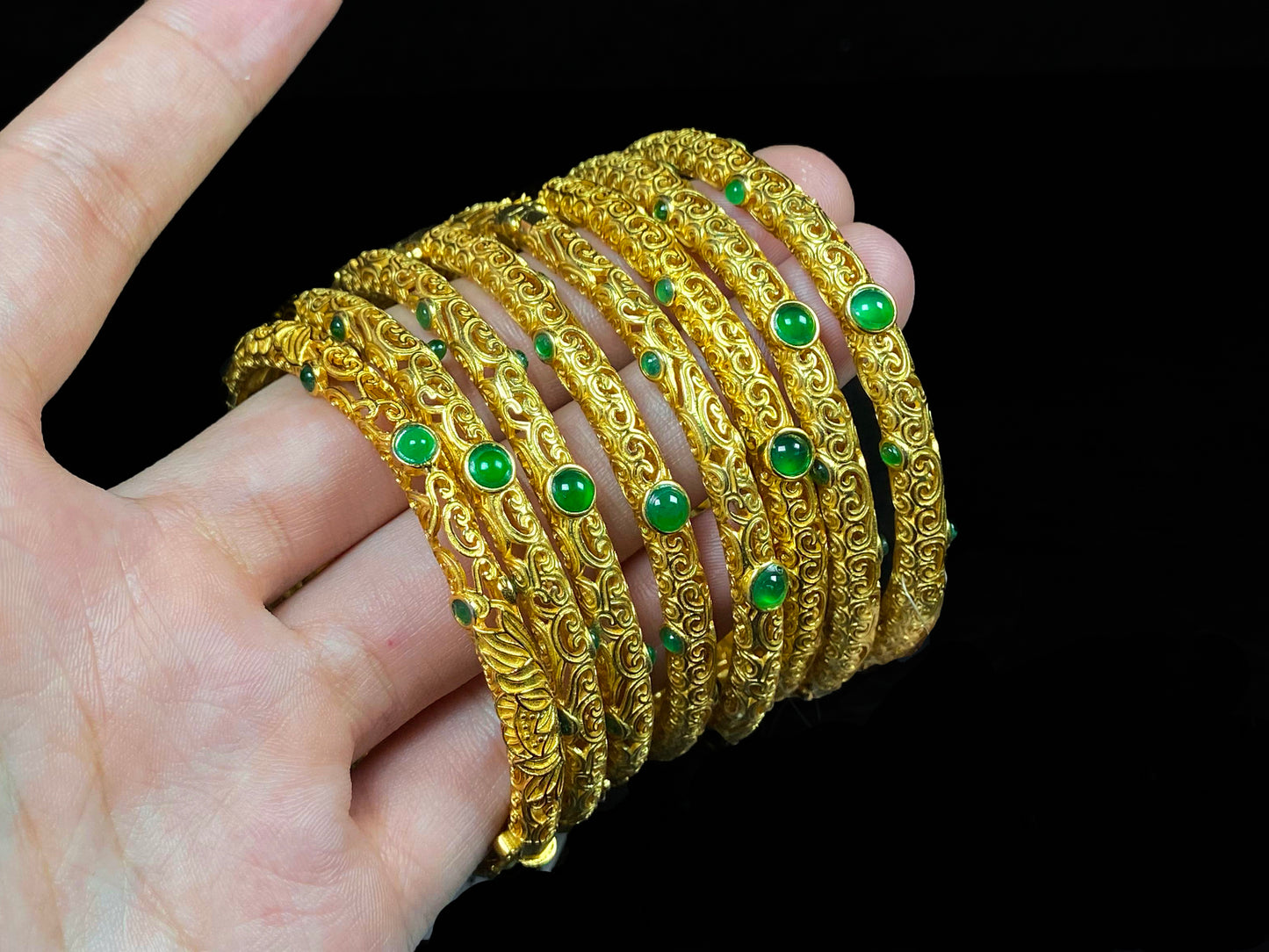 Gilded Cloud with Green Beads · Nature Burmese Jadeite Bangle