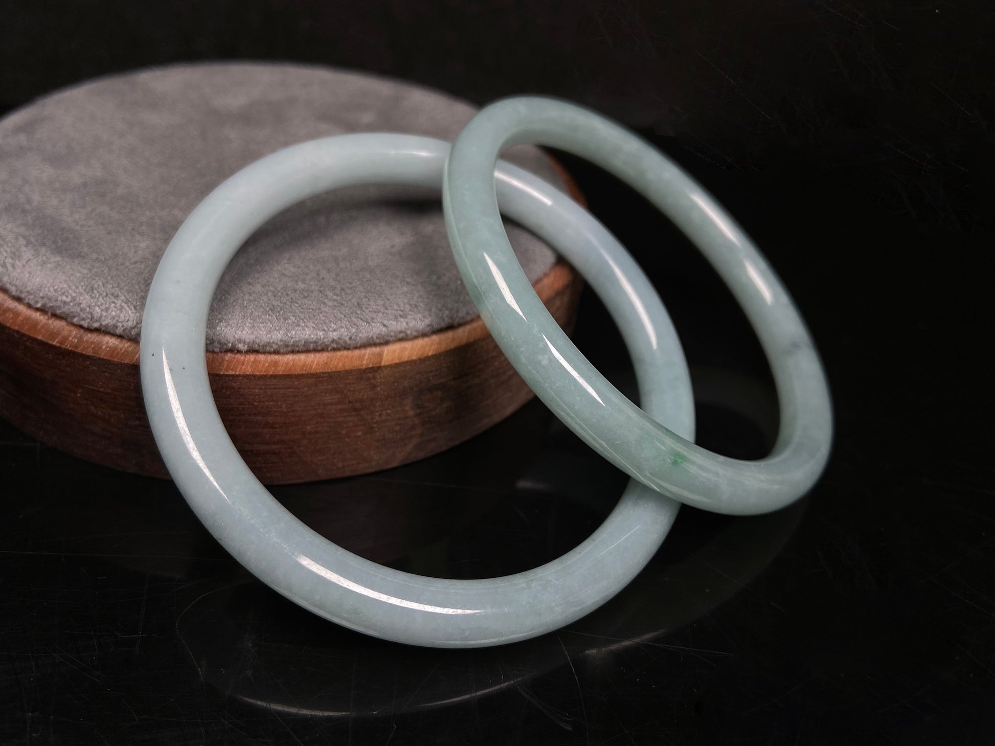 A gentle celadon mist pair jadeite bangle.