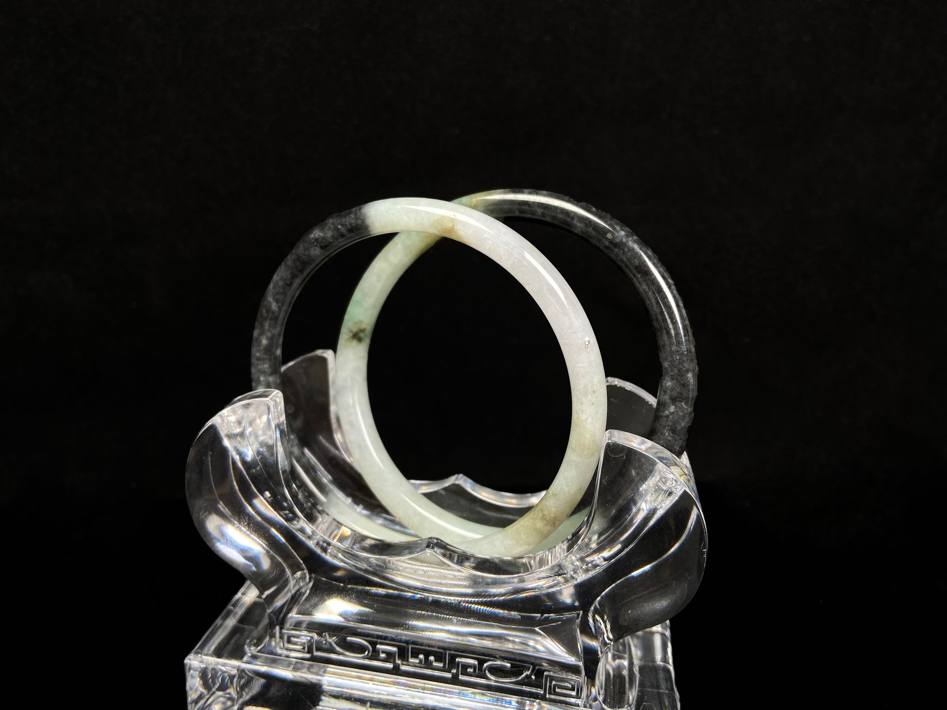 A tri color gradient haze pair jadeite bangle.