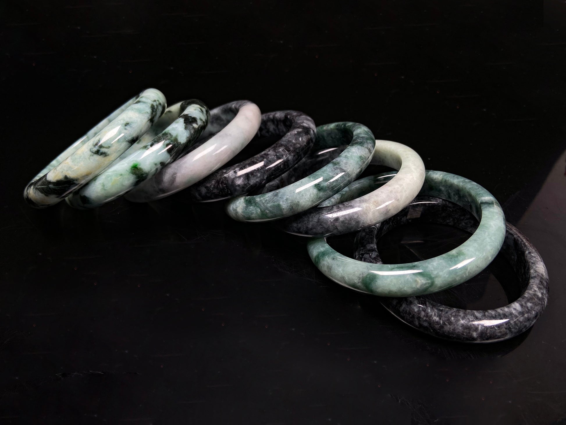 A midnight forest jadeite bangle group.