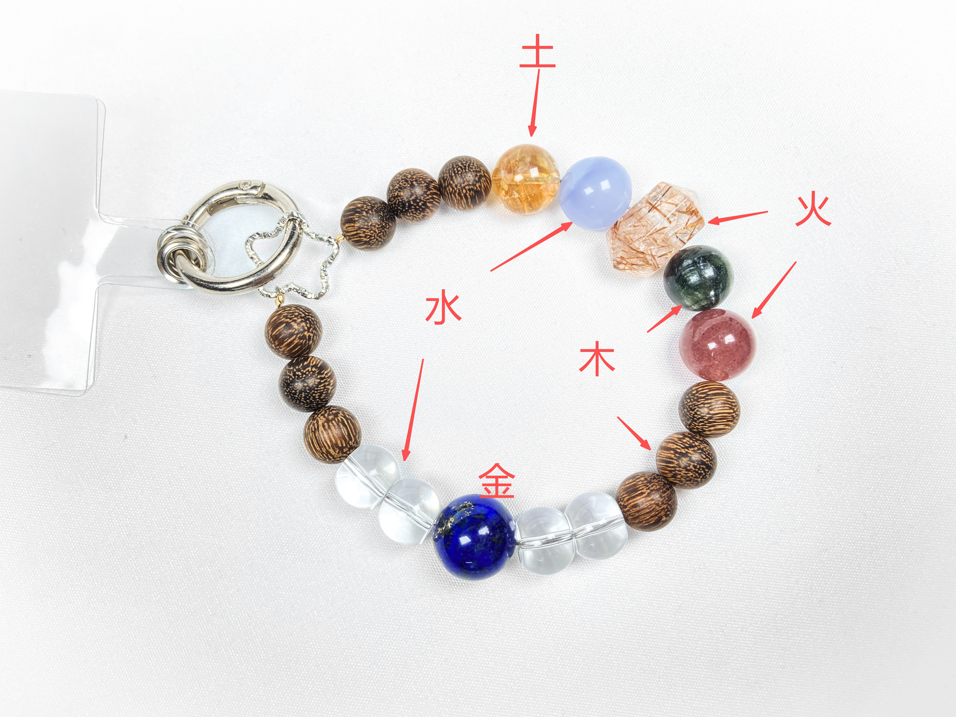Bracelet with various beads labeled with Chinese characters on a white background
