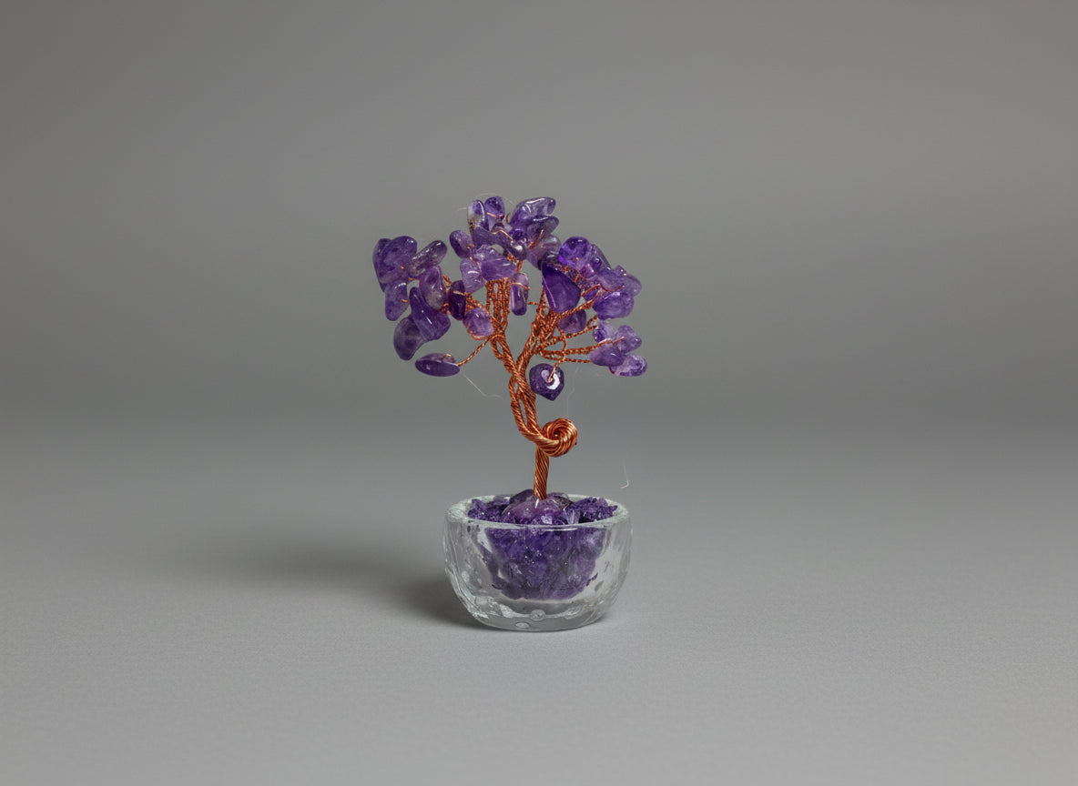 A small potted Amethyst crystal tree.