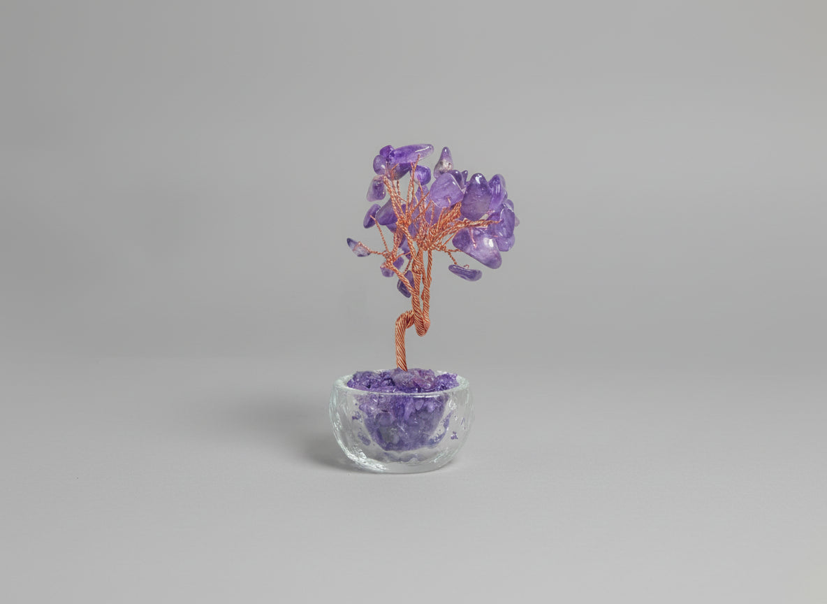 A small potted Amethyst crystal tree.