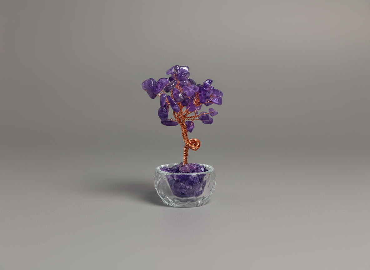 A small potted Amethyst crystal tree.