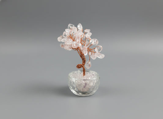 A rose quartz crystal tree in a clear glass pot.