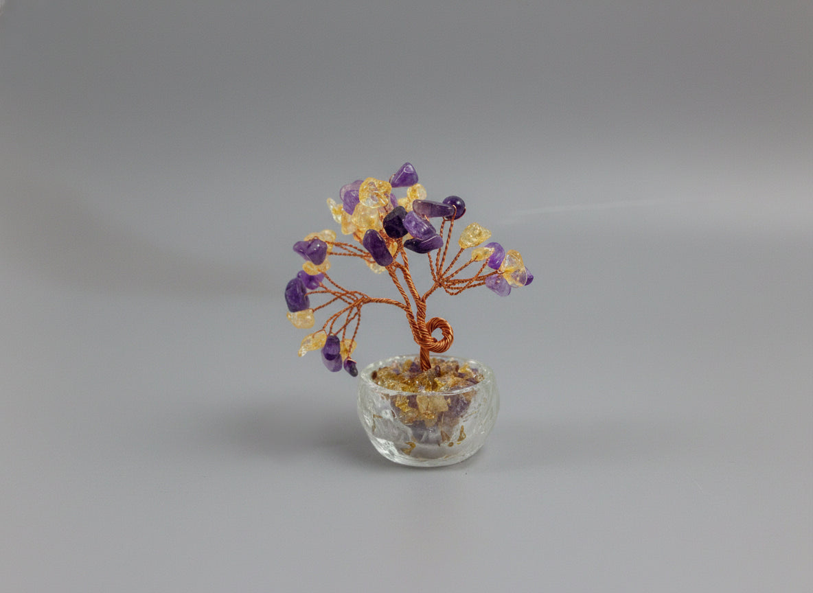 This crystal tree is crafted from Amethyst-Citrine, a unique natural bicolor crystal.

