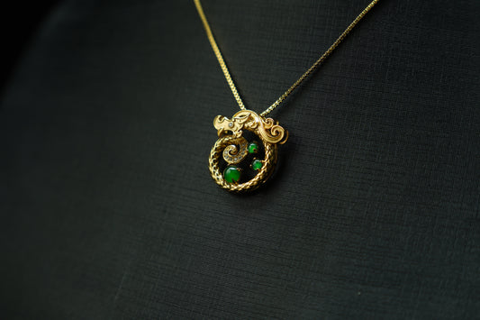 Dragon’s Blessing · Coiled Gold Dragon Pendant with Jadeite Orbs