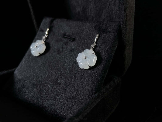 Misty Ice Four-Leaf Clover · Nature Burmese Jadeite Earrings