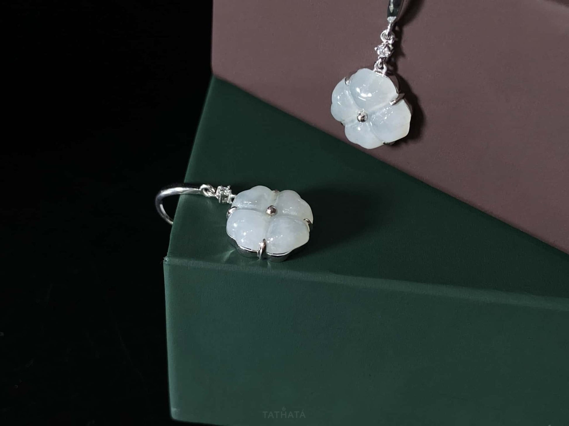 Misty Ice Four-Leaf Clover · Nature Burmese Jadeite Earrings