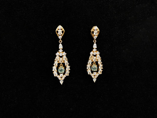 A  pair of diamond halo clear teardrop jadeite earrings.