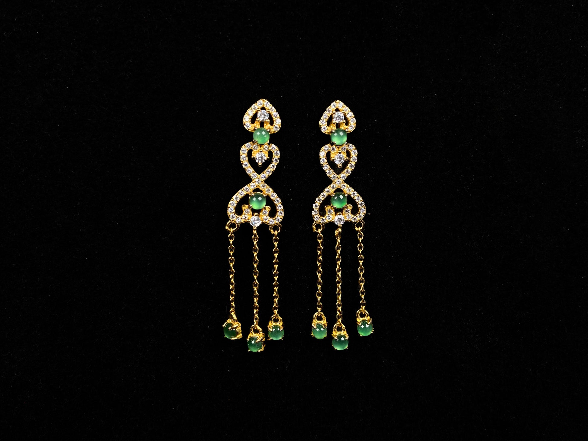 A pair of double heart green tassel  jadeite earrings.