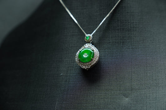 Fiery Green Jadeite Pendant with Full Diamond Halo