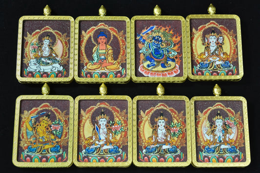 Set of eight colorful religious icons on a black background
