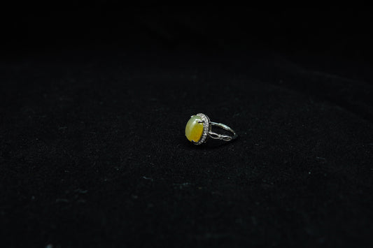 Golden Glow · Yellow Jadeite Cabochon Ring with Diamond Halo