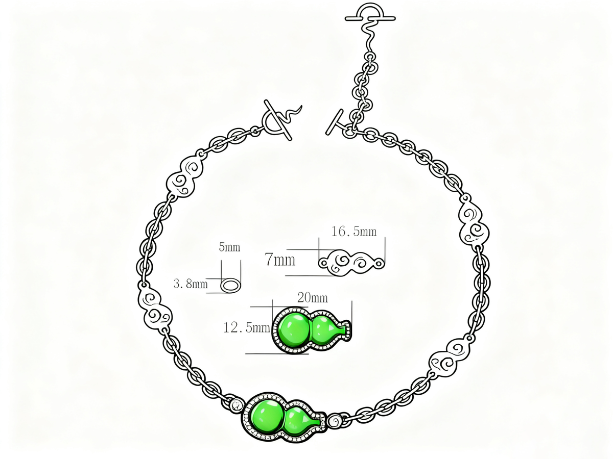 Diagram of a necklace with green gemstones and measurements on a white background