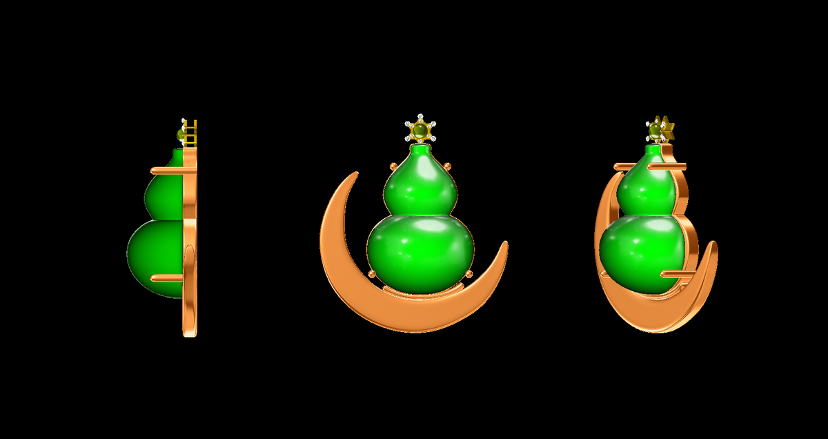 
A green calabash stands upon a golden moon, with a sun perched atop the gourd. The center of the sun is inlaid with a piece of light green jade.