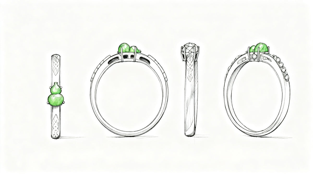 Design sketch of a ring with a green calabash on a silver band.