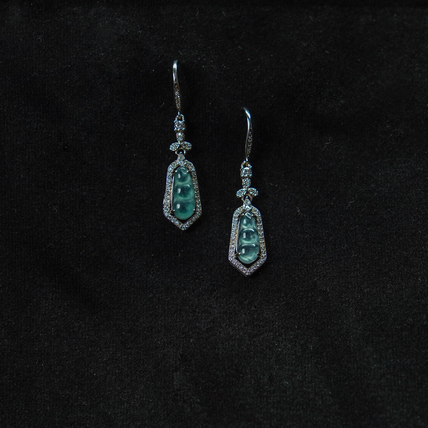 Icy Blue Jadeite Peapod Earrings with Full Diamond Halo