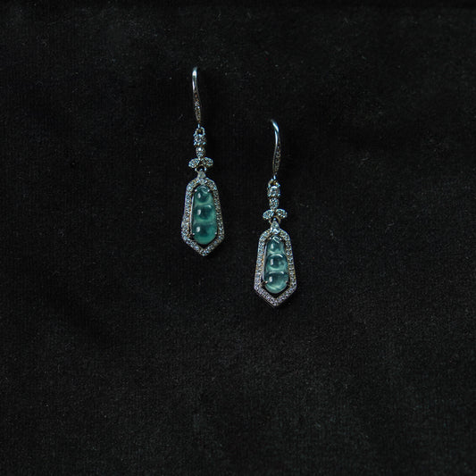 Icy Blue Jadeite Peapod Earrings with Full Diamond Halo