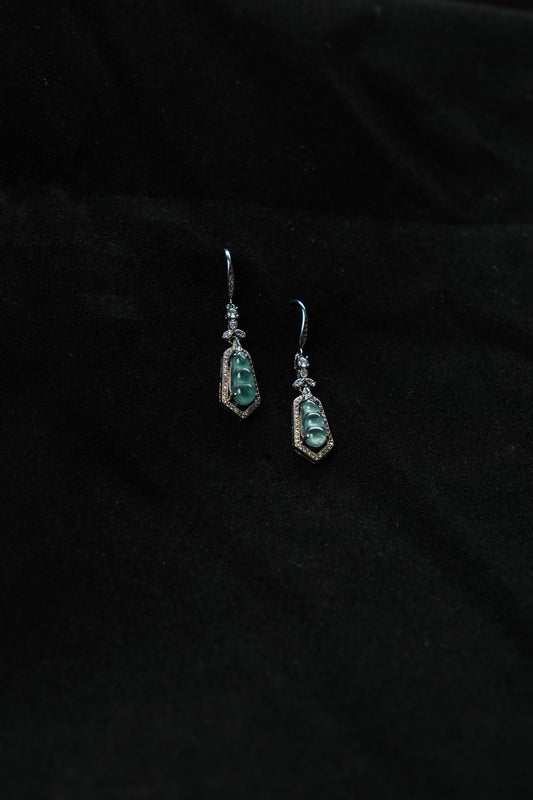 Icy Blue Jadeite Peapod Earrings with Full Diamond Halo