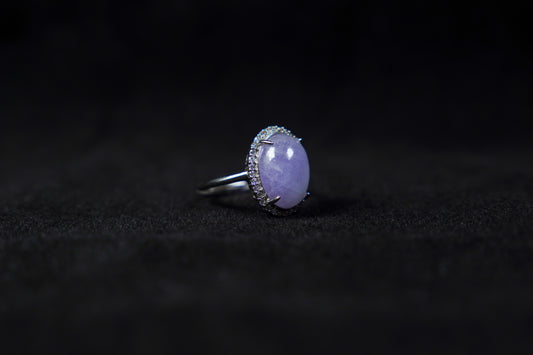 Lavender Jadeite Cabochon Ring with Diamond Halo
