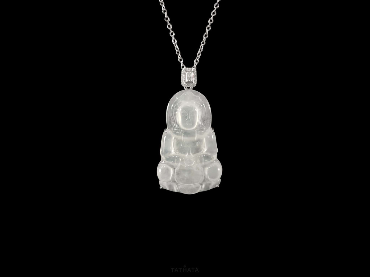 Icy Misty Pale White Guanyin · Nature Burmese Jadeite Pendant