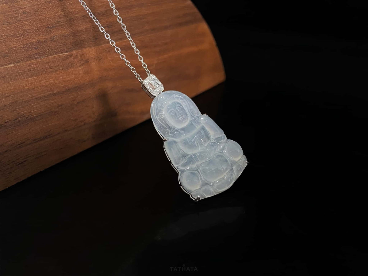 Icy Misty Pale White Guanyin · Nature Burmese Jadeite Pendant