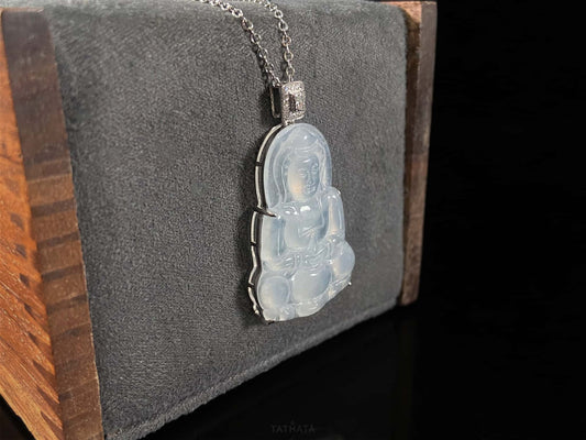 Icy Misty Pale White Guanyin · Nature Burmese Jadeite Pendant