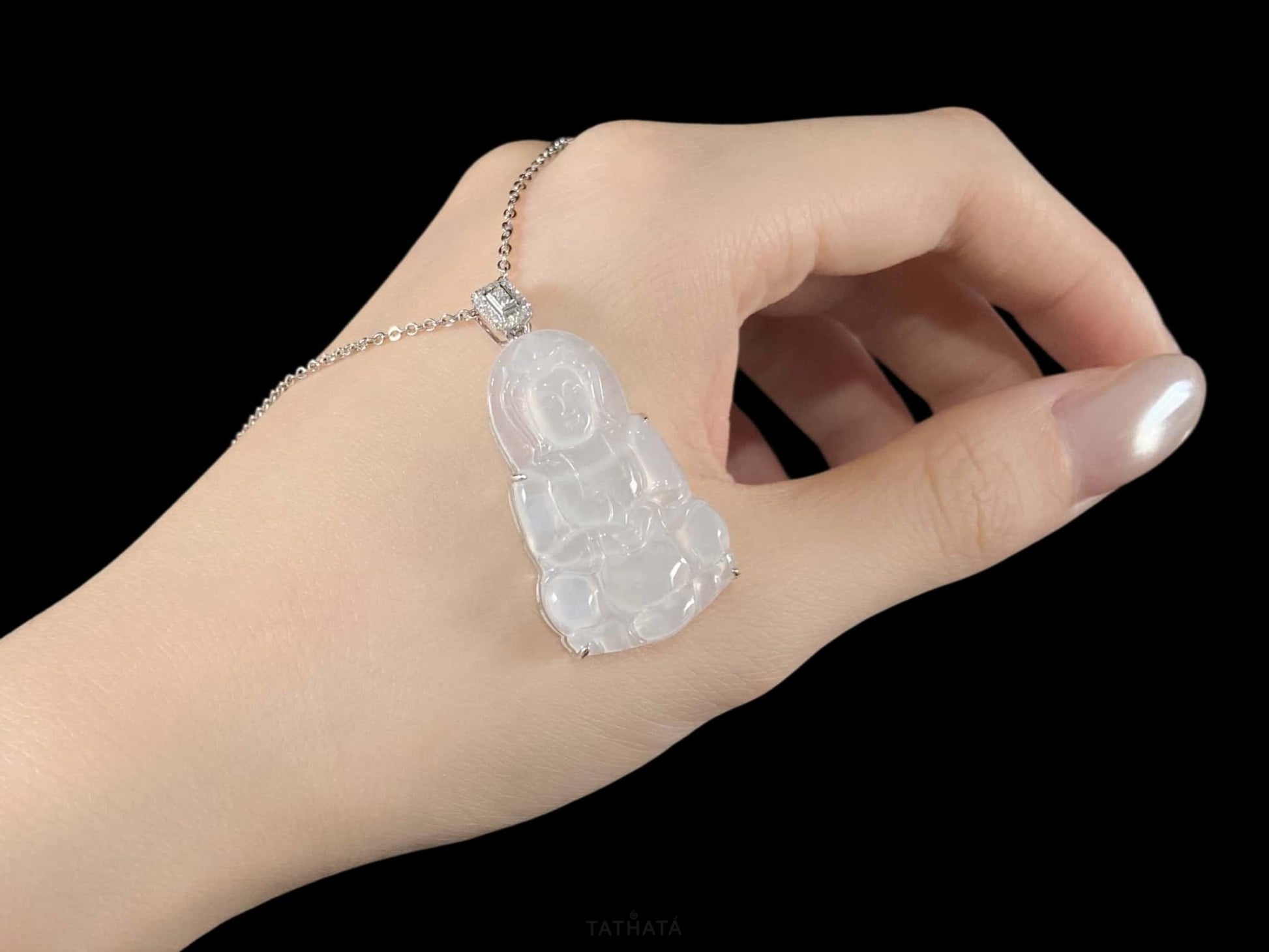 Icy Misty Pale White Guanyin · Nature Burmese Jadeite Pendant