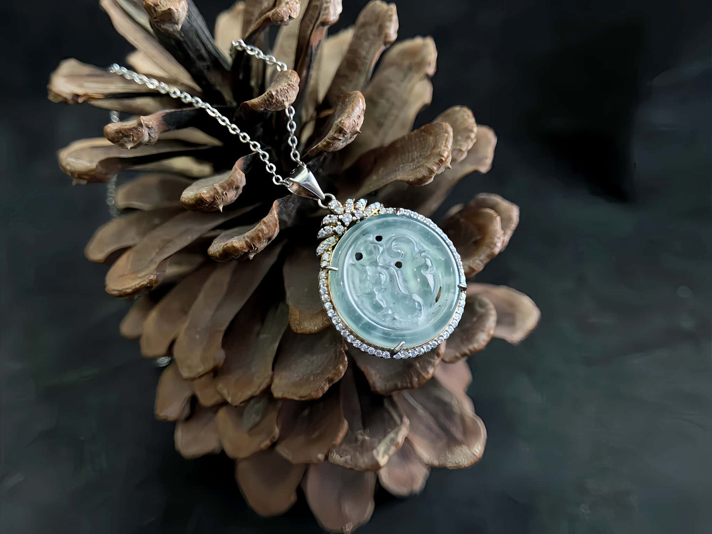 A ice aqua hollow carve halo jadeite pendant.
