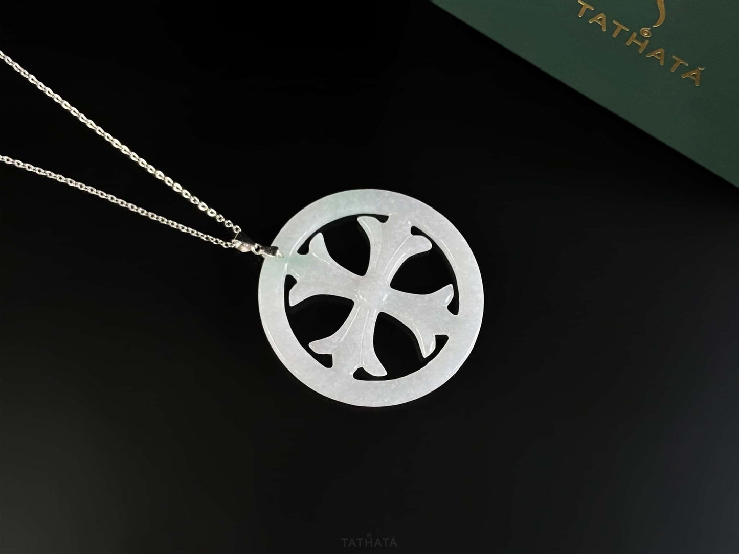 Icy White Cut-out Circular Frame Cross · Nature Burmese Jadeite Pendant