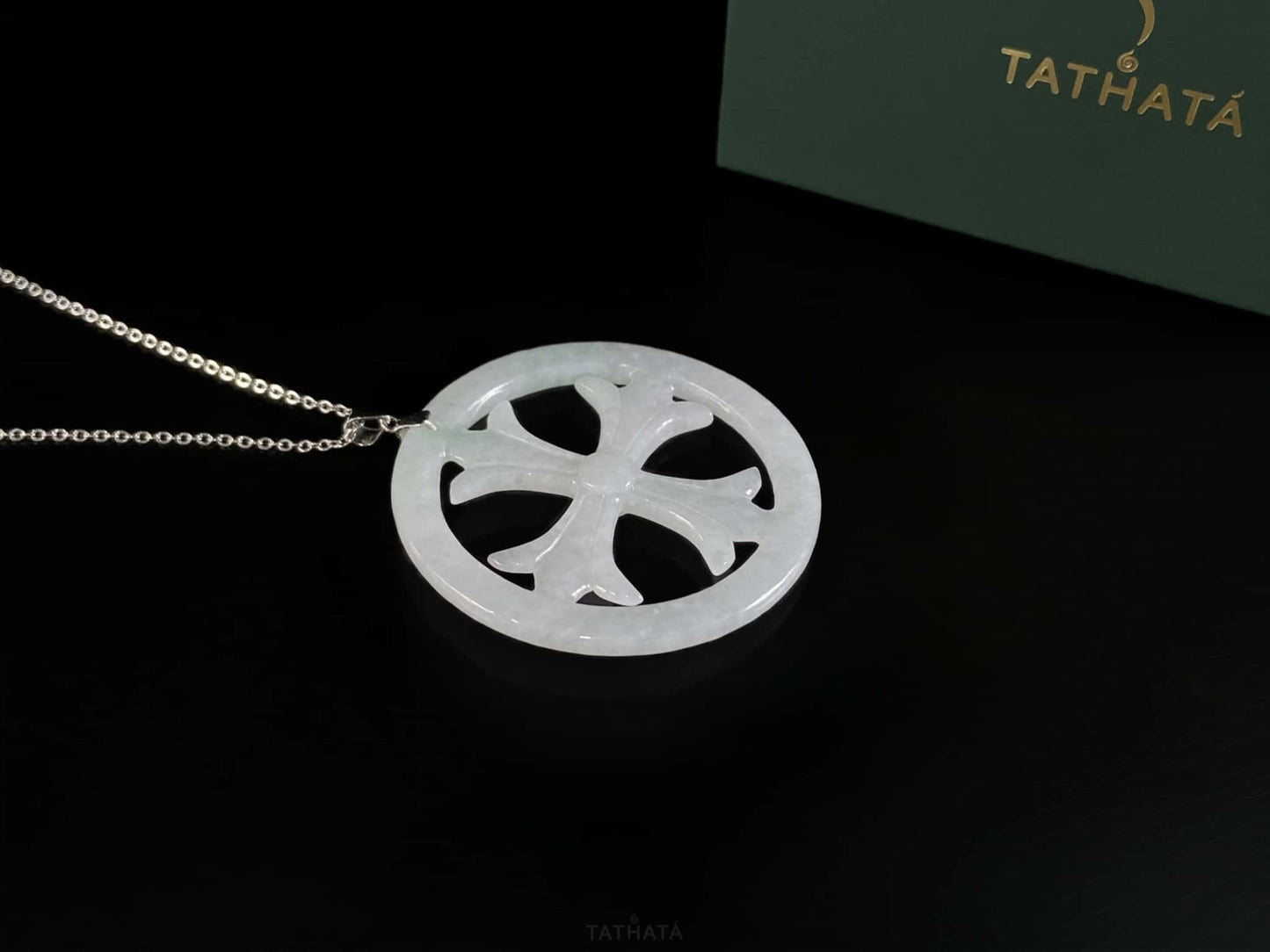 Icy White Cut-out Circular Frame Cross · Nature Burmese Jadeite Pendant