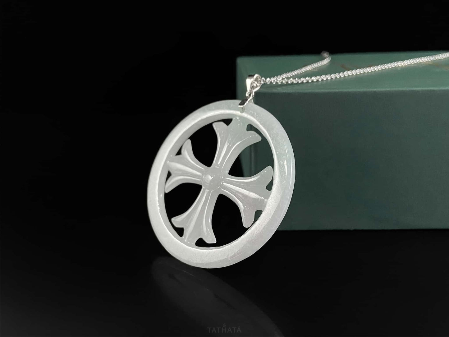 Icy White Cut-out Circular Frame Cross · Nature Burmese Jadeite Pendant