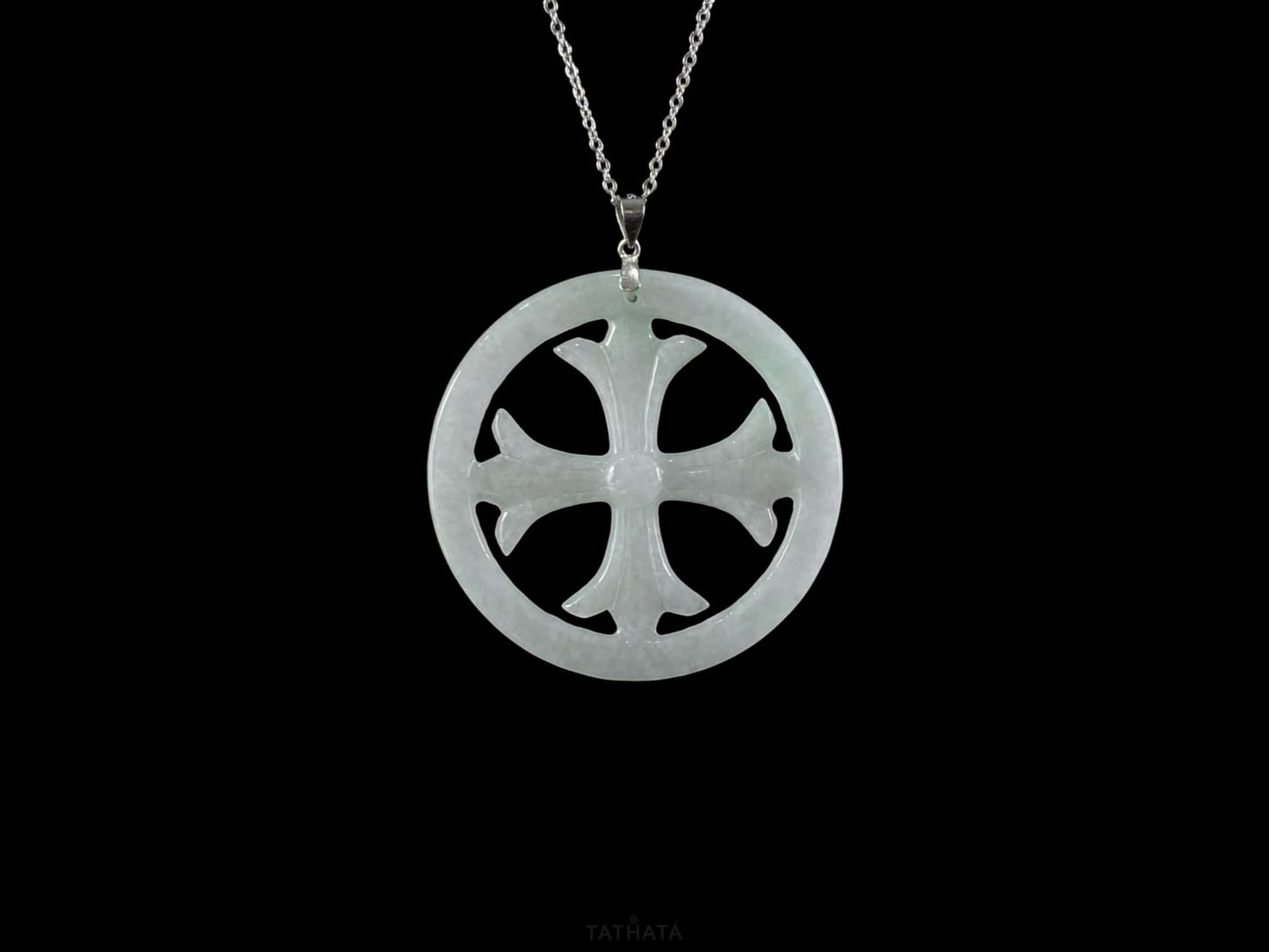 Icy White Cut-out Circular Frame Cross · Nature Burmese Jadeite Pendant