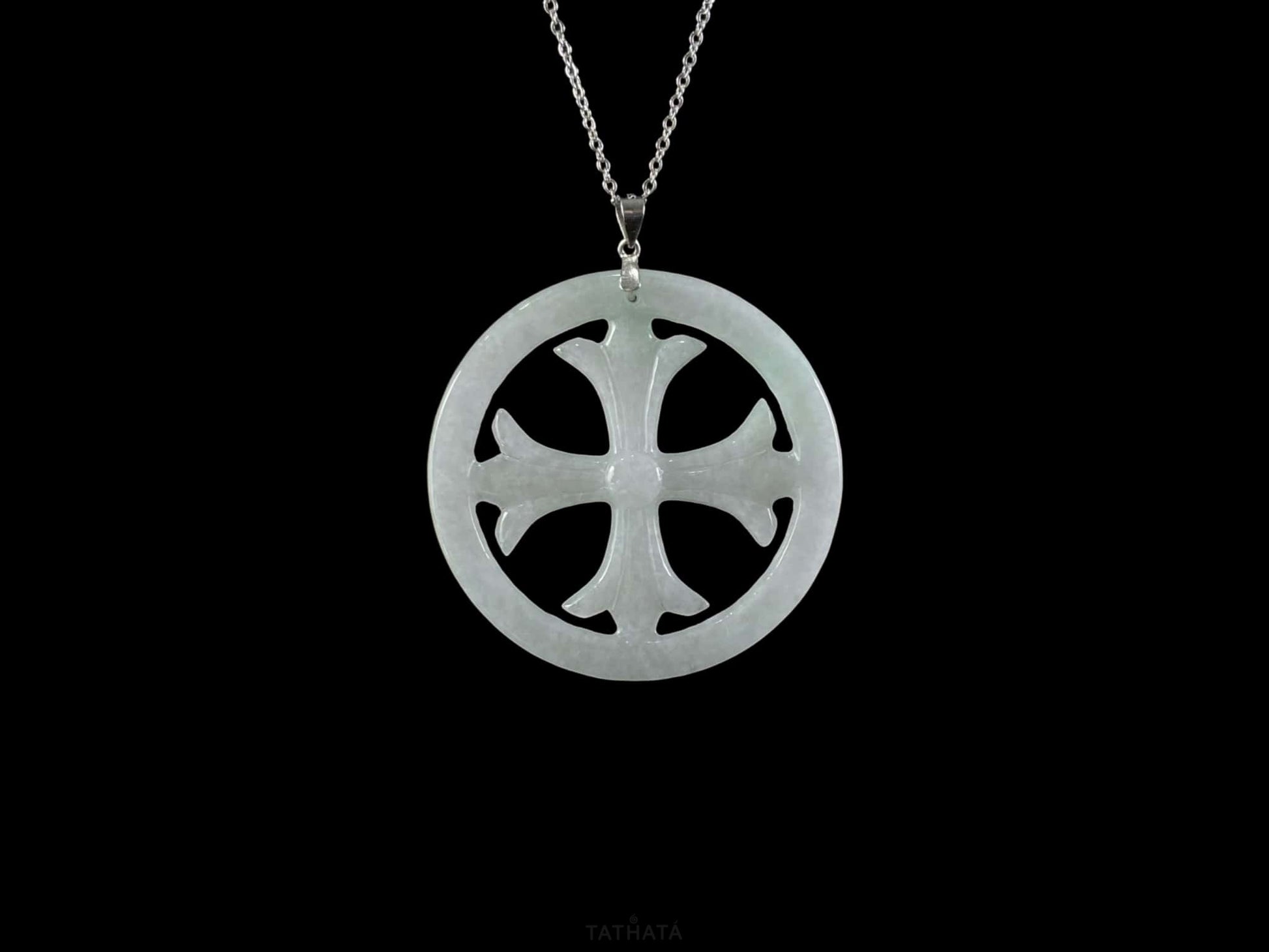 Icy White Cut-out Circular Frame Cross · Nature Burmese Jadeite Pendant