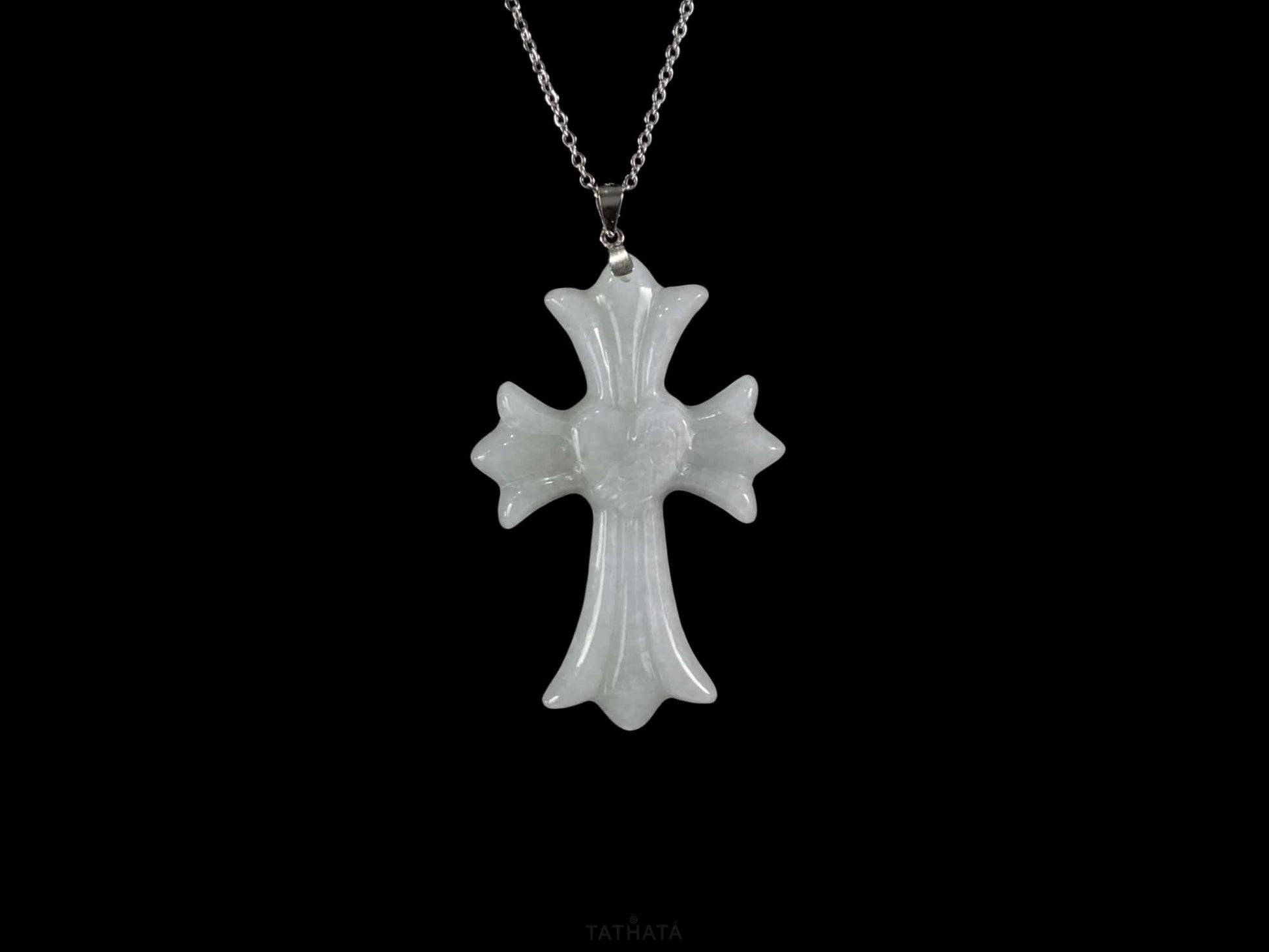 Milky White Heart Gothic Cross · Nature Burmese Jadeite Pendant