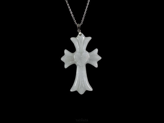 Milky White Heart Gothic Cross · Nature Burmese Jadeite Pendant