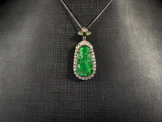 A green jade pendant depicting the God of Wealth, elegantly framed in 925 sterling silver.