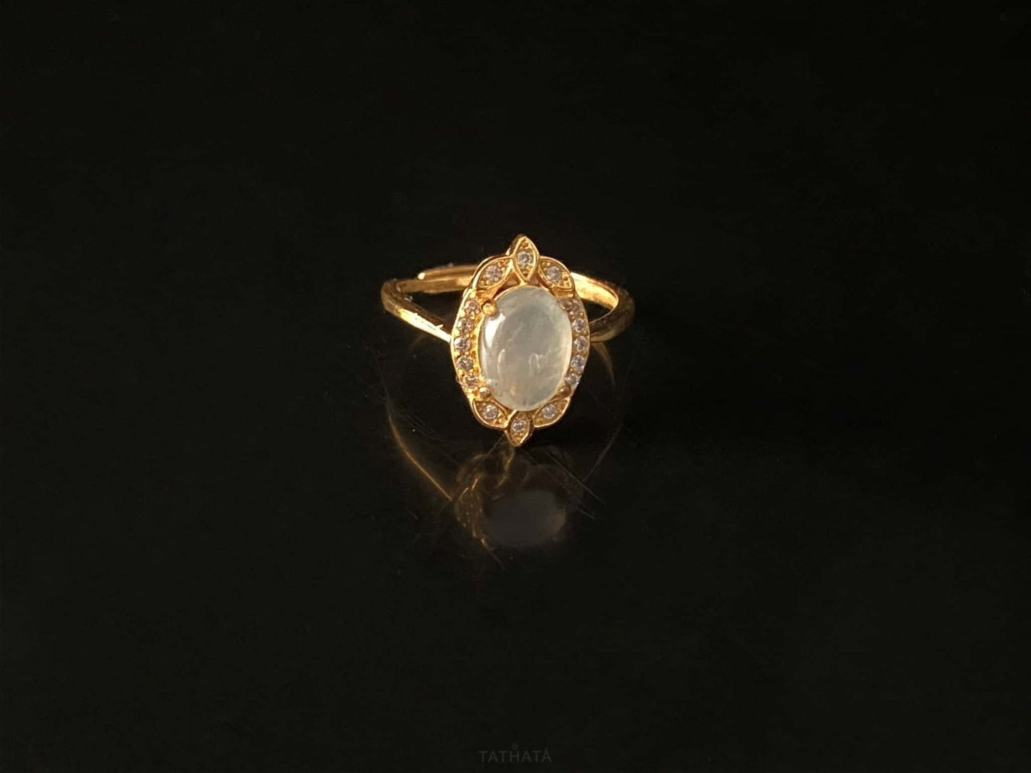 Gilded Icy White Cabochon · Nature Burmese Jadeite Ring