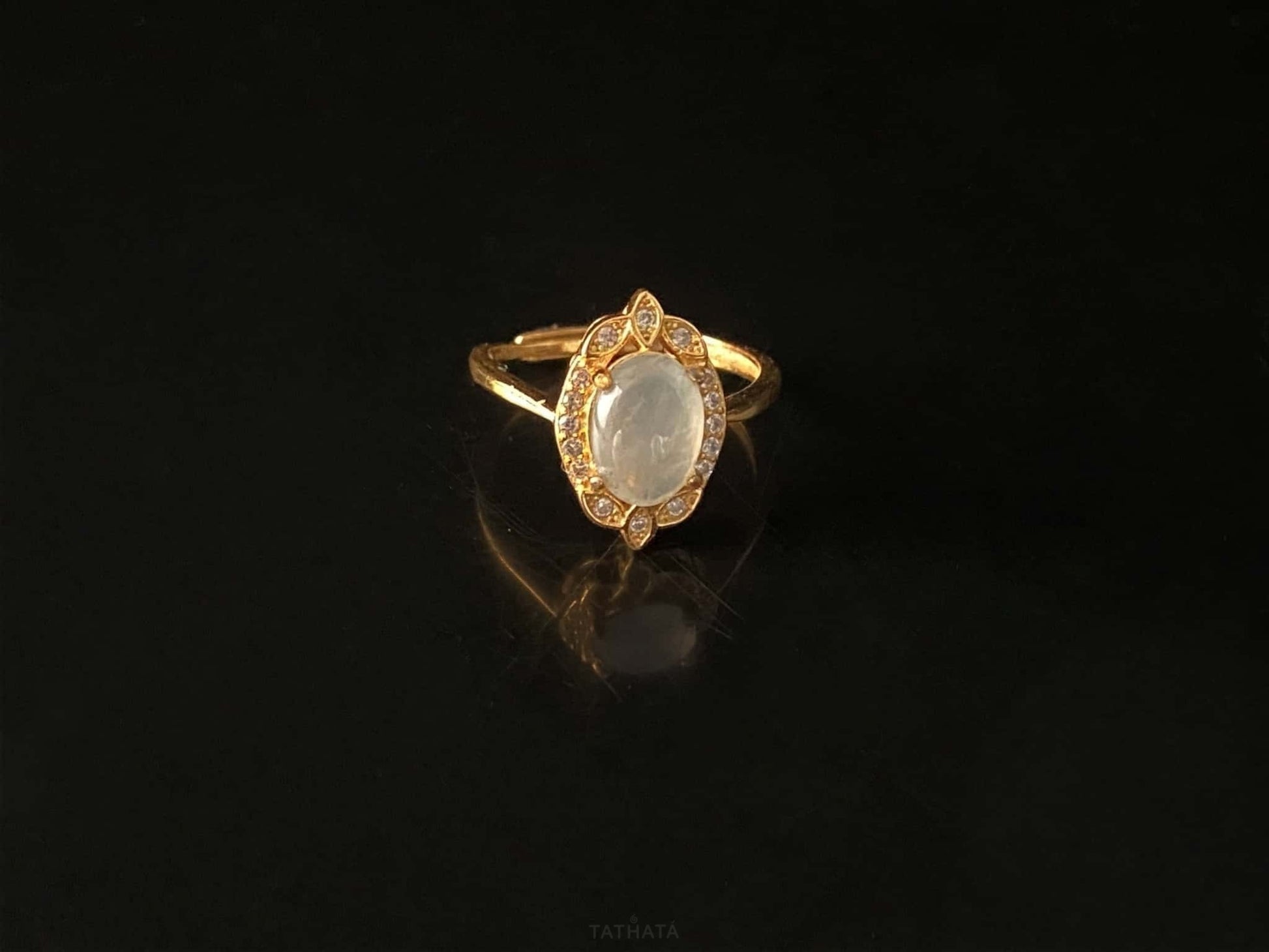 Gilded Icy White Cabochon · Nature Burmese Jadeite Ring