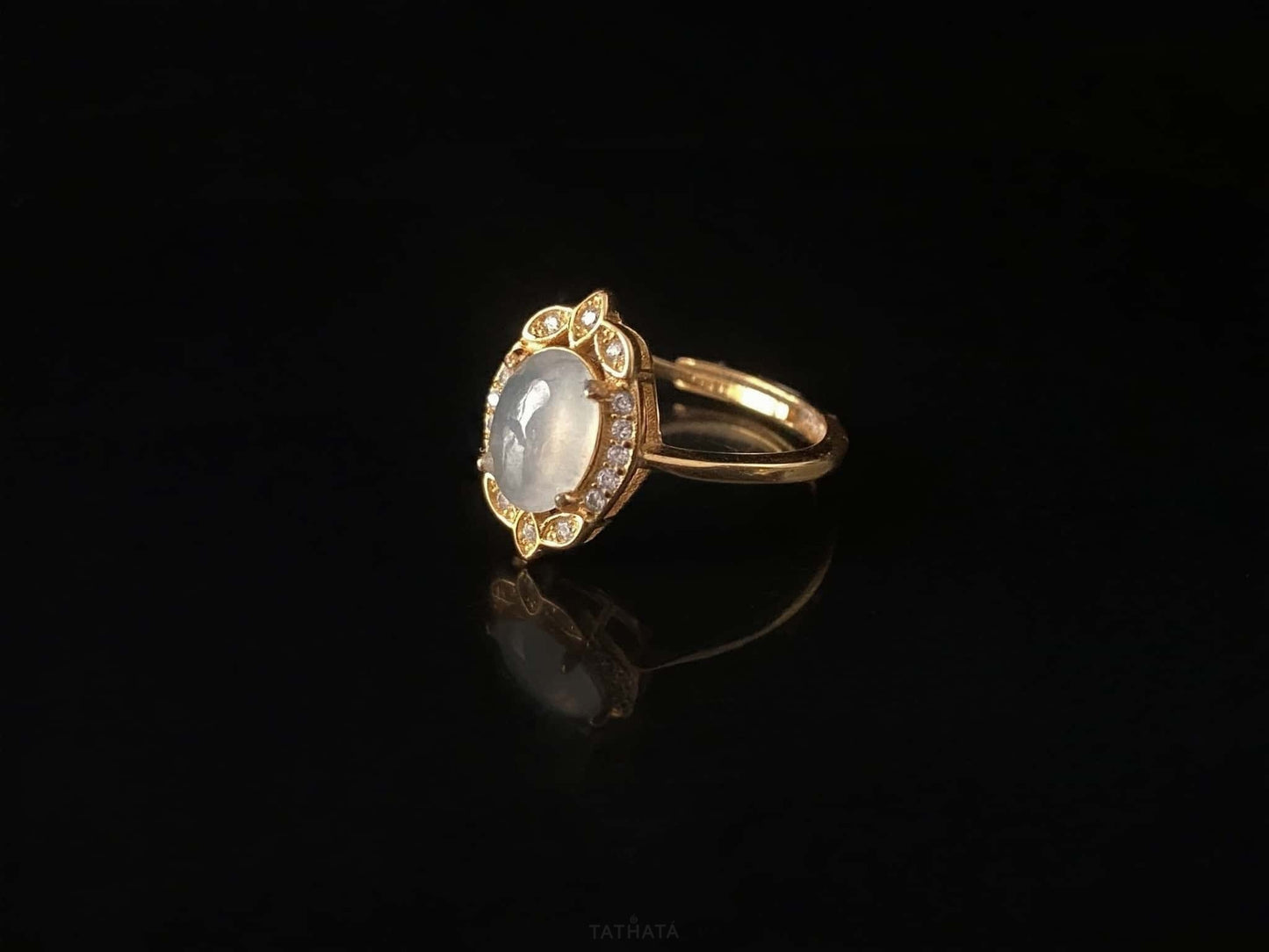 Gilded Icy White Cabochon · Nature Burmese Jadeite Ring
