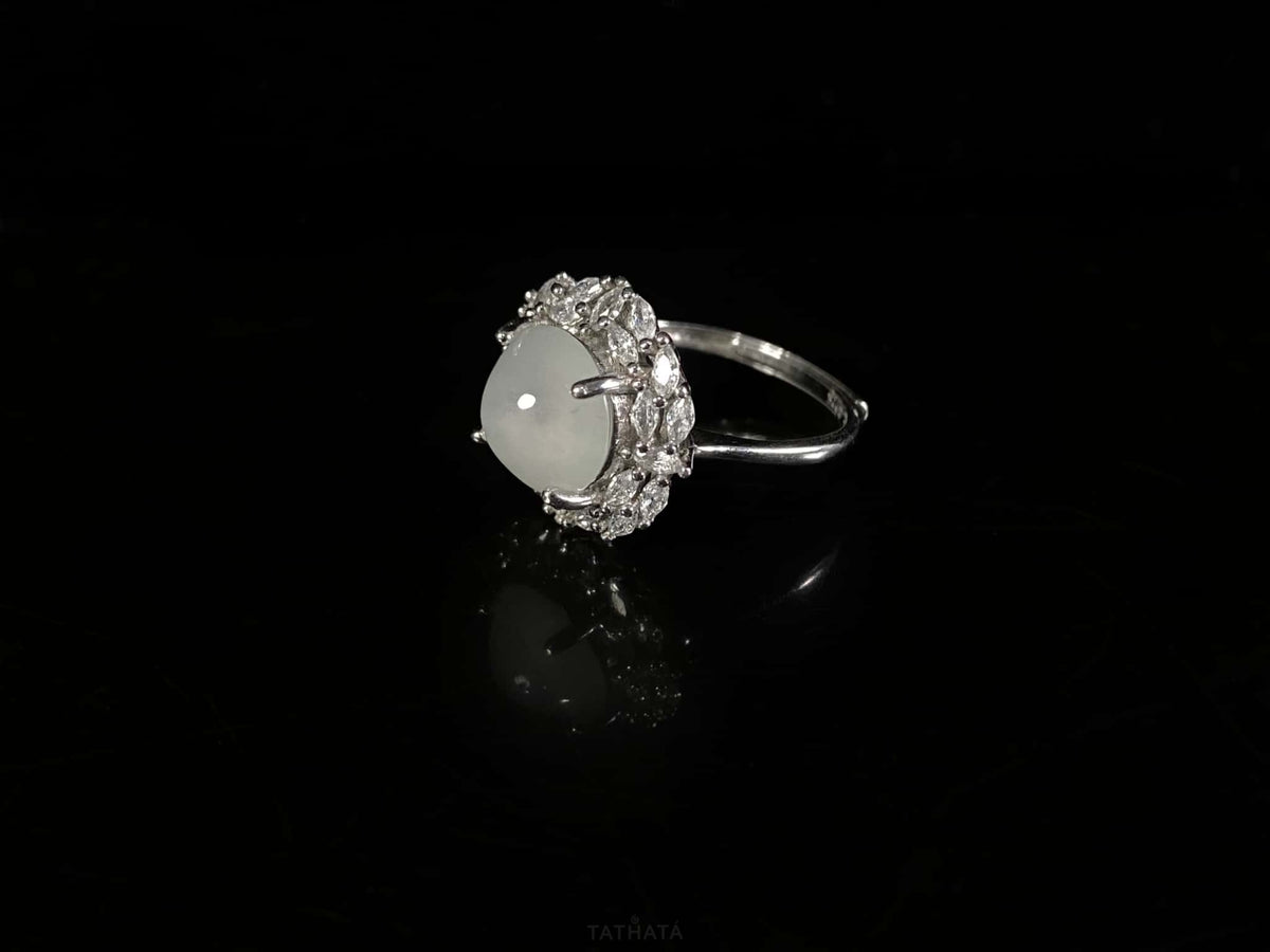 Radiant Icy-White Moonlight Cabochon · Nature Burmese Jadeite Ring