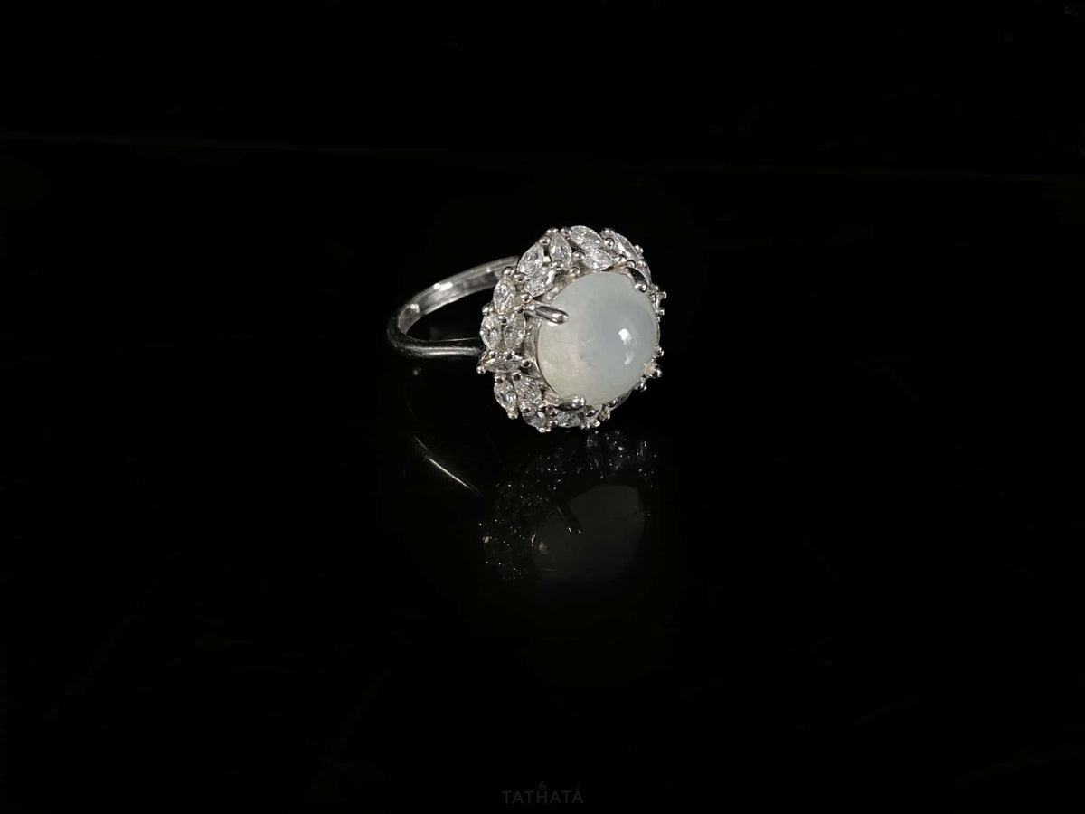 Radiant Icy-White Moonlight Cabochon · Nature Burmese Jadeite Ring