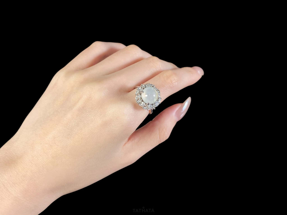 Radiant Icy-White Moonlight Cabochon · Nature Burmese Jadeite Ring