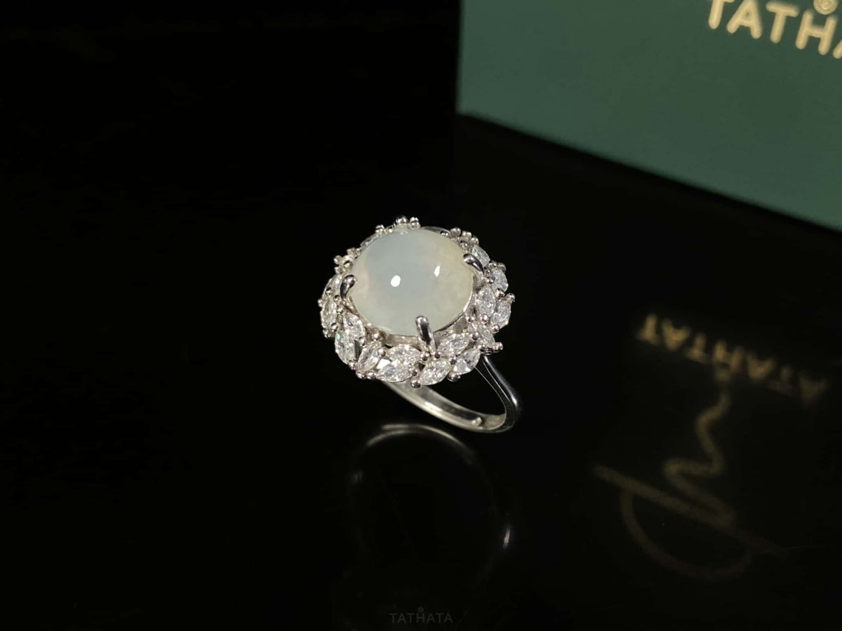 Radiant Icy-White Moonlight Cabochon · Nature Burmese Jadeite Ring