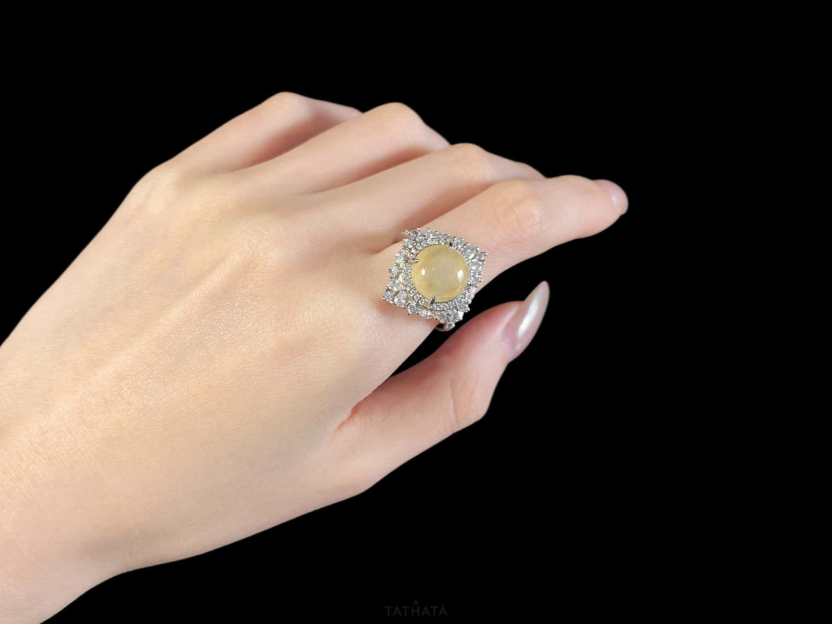 Highly Recommended ✨ Creamy Icy‑Honey Yellow Cabochon · Nature Burmese Jadeite Ring