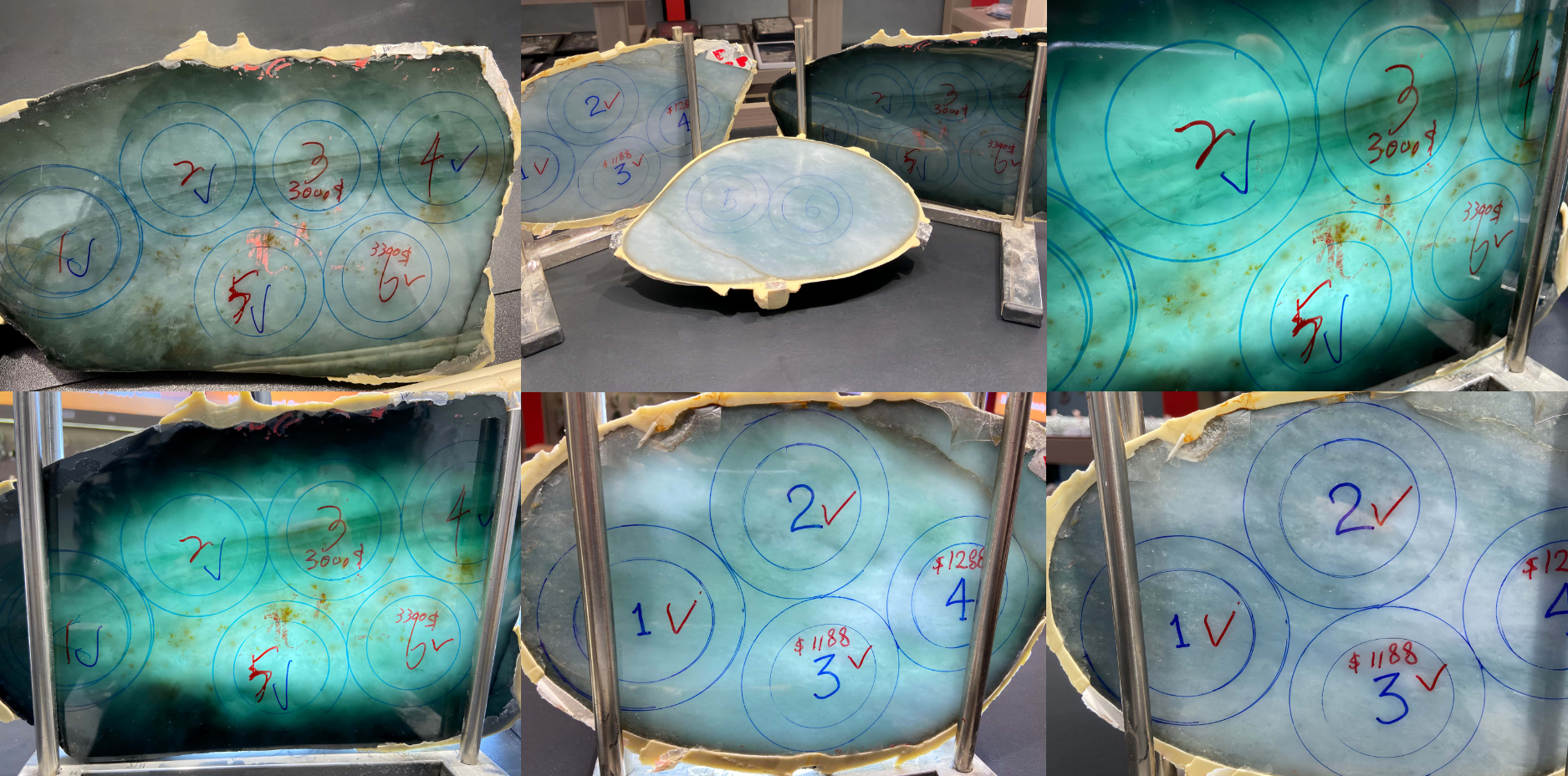 Collage of images showing a large blue stone with circular markings and numbers.
Multi-purpose Carving of Jadeite Rough Stones & Custom Bangle Services