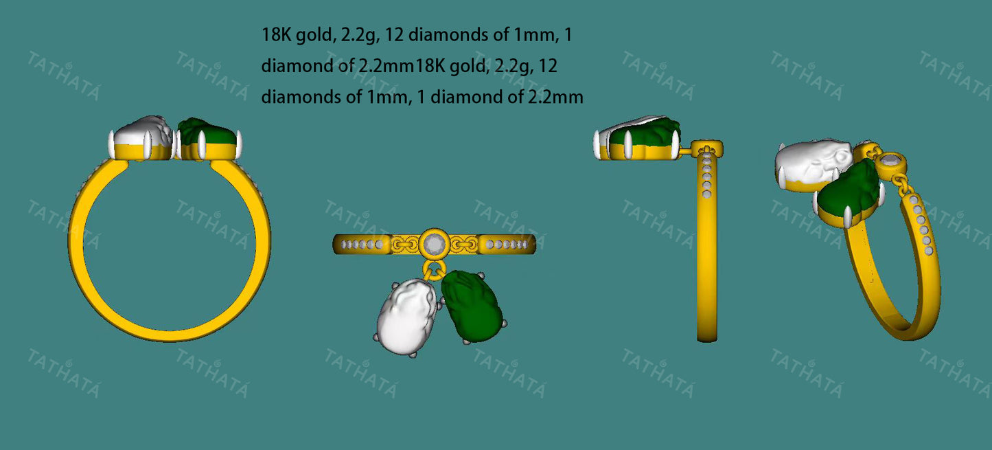 A icy white green dangling twin Pixiu jadeite ring.