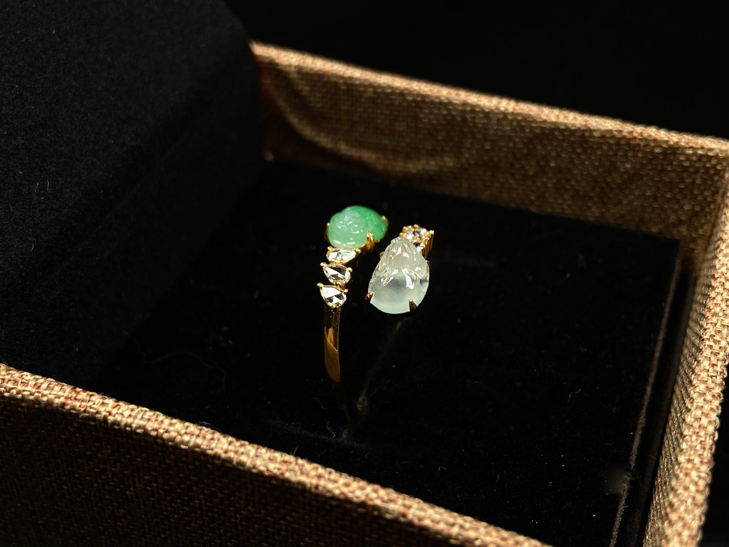 A icy white green twin Pixiu jadeite ring.